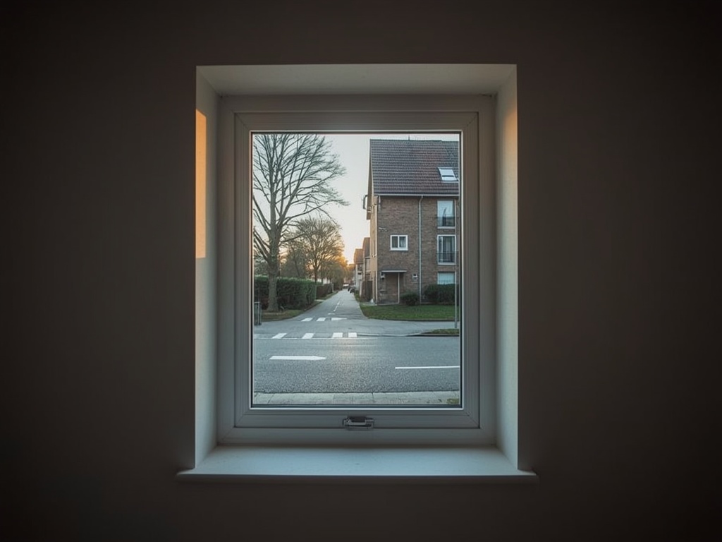 blik vanuit woonkamer in Mierlo door wit kunststof raamkozijn naar de straat