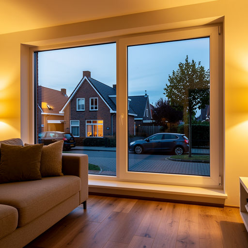 zicht vanuit woonkamer in Oirschot door wit kunststof raamkozijn naar de rustige straat