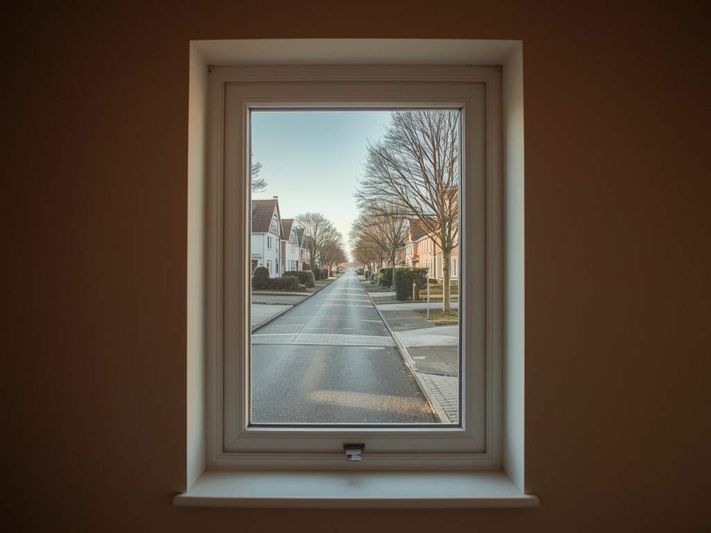 blik vanuit woonkamer in Geldrop door wit kunststof raamkozijn naar de straat