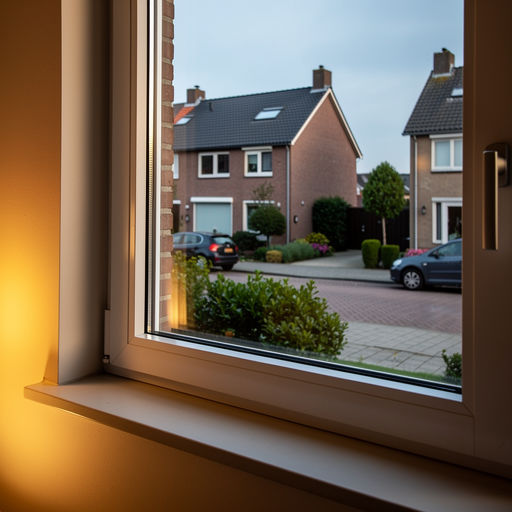 blik vanuit woonkamer in Bladel door wit kunststof raamkozijn naar de straat