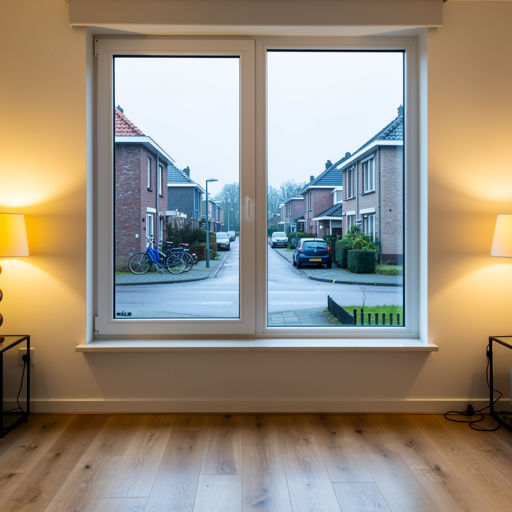 blik vanuit woonkamer in Boxtel door wit kunststof raamkozijn naar de straat