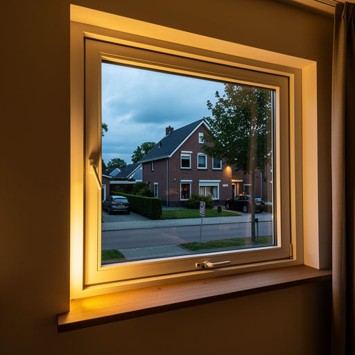 blik vanuit woonkamer in Beek en Donk door wit kunststof raamkozijn naar de straat