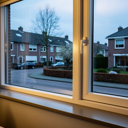 blik vanuit woonkamer in Gilze door wit kunststof raamkozijn naar de straat
