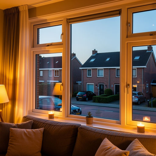 blik vanuit woonkamer in Veghel door wit kunststof raamkozijn naar de straat