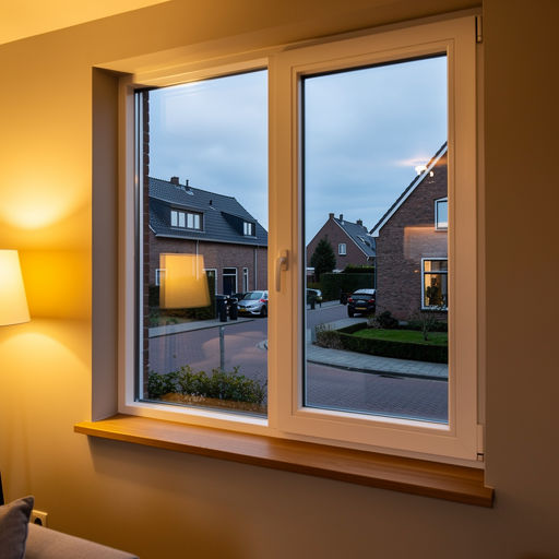 blik vanuit woonkamer in Sint-Michielsgestel door wit kunststof raamkozijn naar de straat