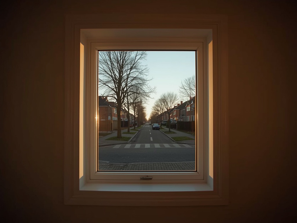 blik vanuit woonkamer in Waalre door wit kunststof raamkozijn naar de straat