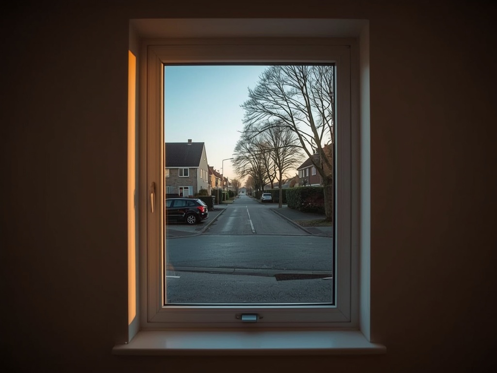 blik vanuit woonkamer in Tilburg door wit kunststof raamkozijn naar de straat