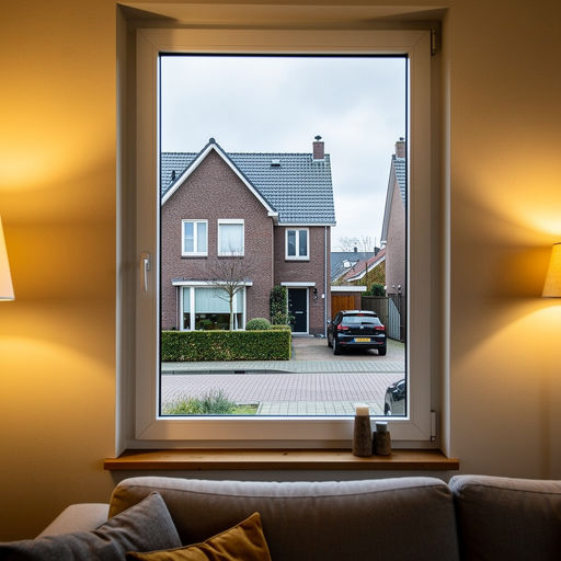 blik vanuit woonkamer in Goirle door wit kunststof raamkozijn naar de straat