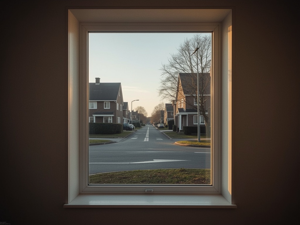 blik vanuit woonkamer in Oisterwijk door wit kunststof raamkozijn naar de straat