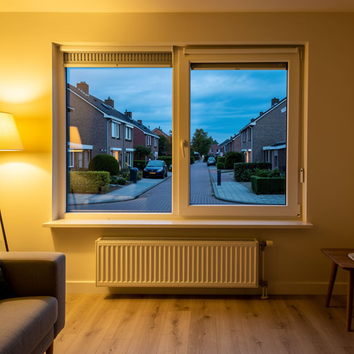 uitzicht vanuit woonkamer in Liempde door een wit kunststof raamkozijn naar de straat