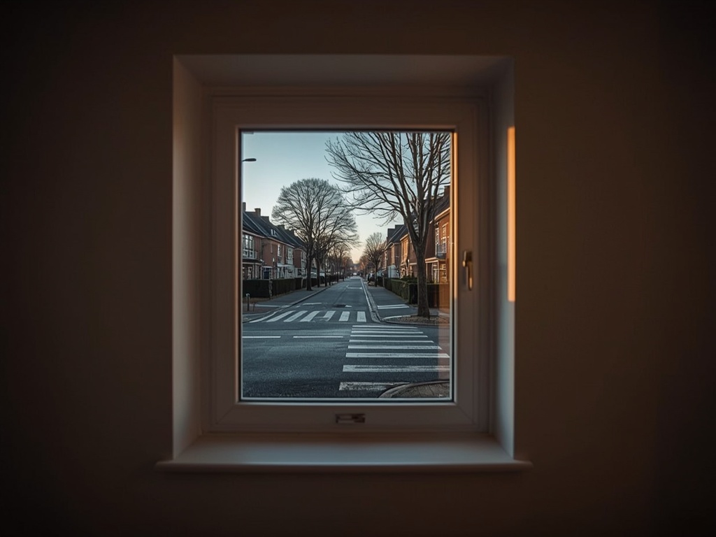 blik vanuit woonkamer in Rijen door wit kunststof raamkozijn naar de straat