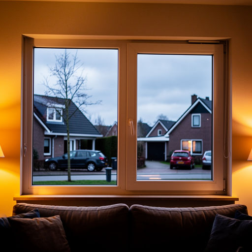 blik vanuit woonkamer in Erp door wit kunststof raamkozijn naar de straat