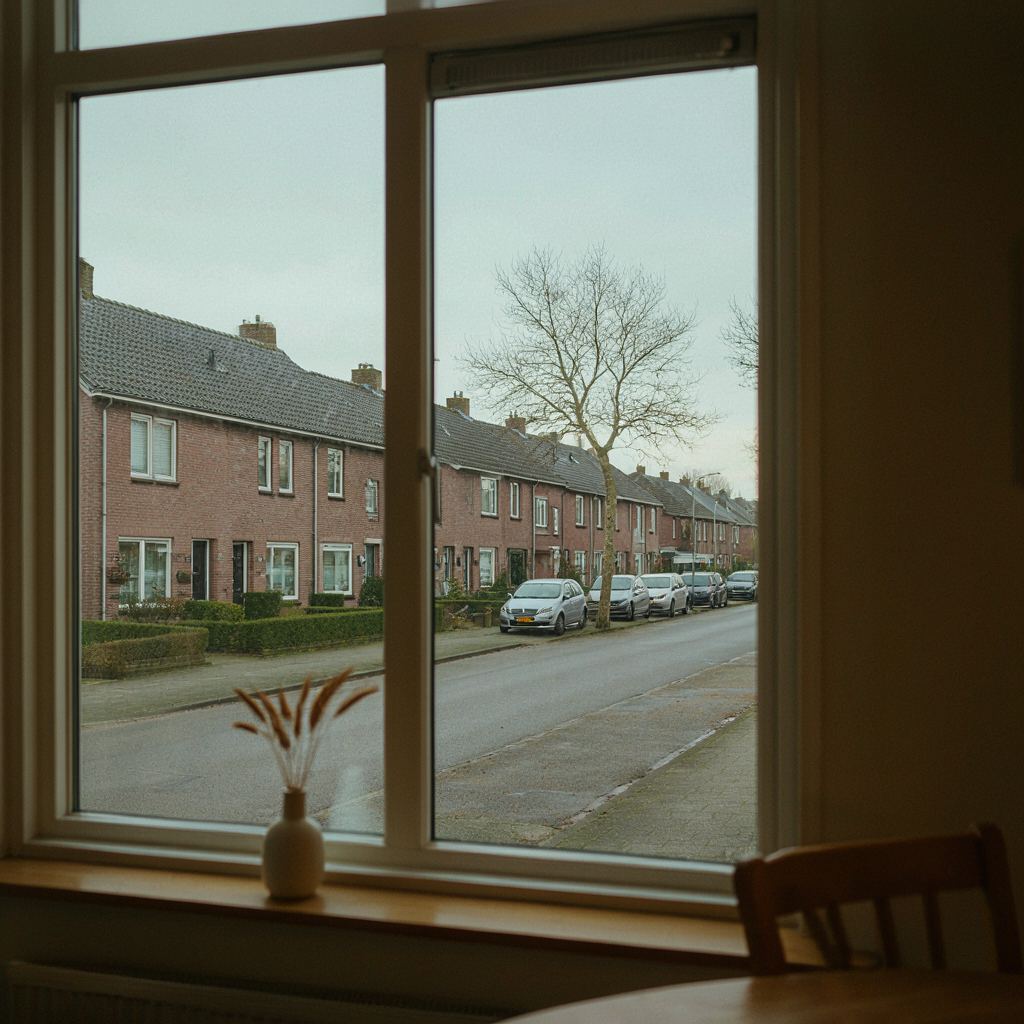 blik vanuit een lichte woonkamer in Eindhoven door een wit kozijn naar buiten